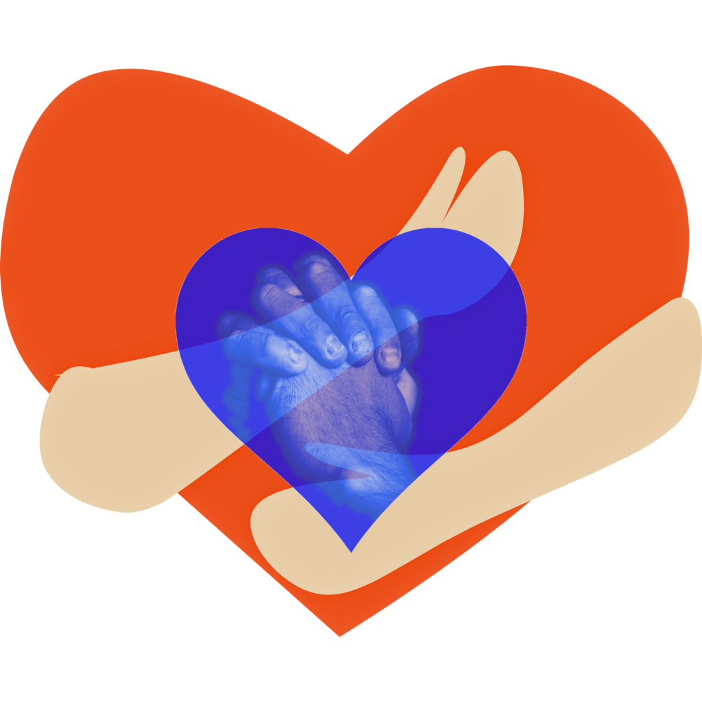 arms hugging a red heart above a blue heart with praying hands in it