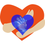 arms hugging a red heart above a blue heart with praying hands in it